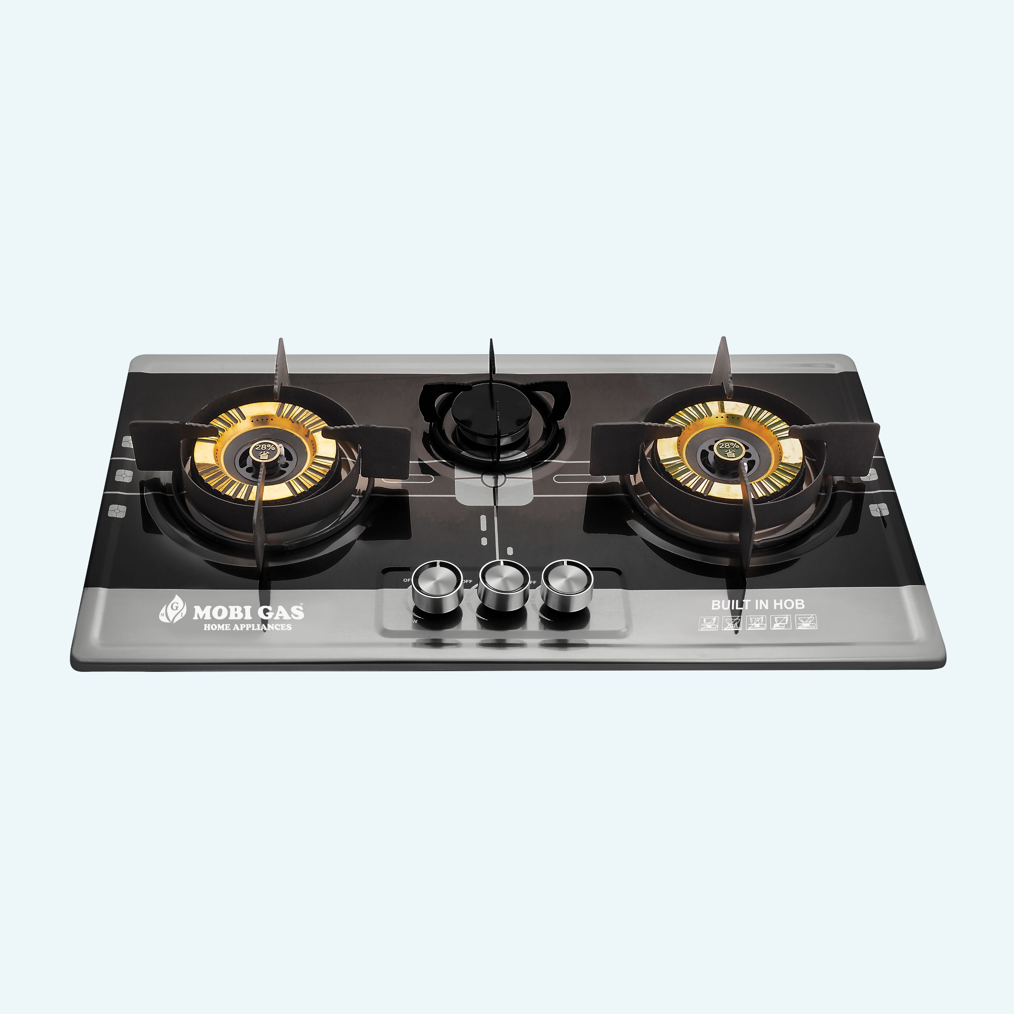 3 Burner Built-in Gas Hob with Anti-Printed Stainless Steel Body, Brass Burners, and Auto Ignition (28x16 inches)