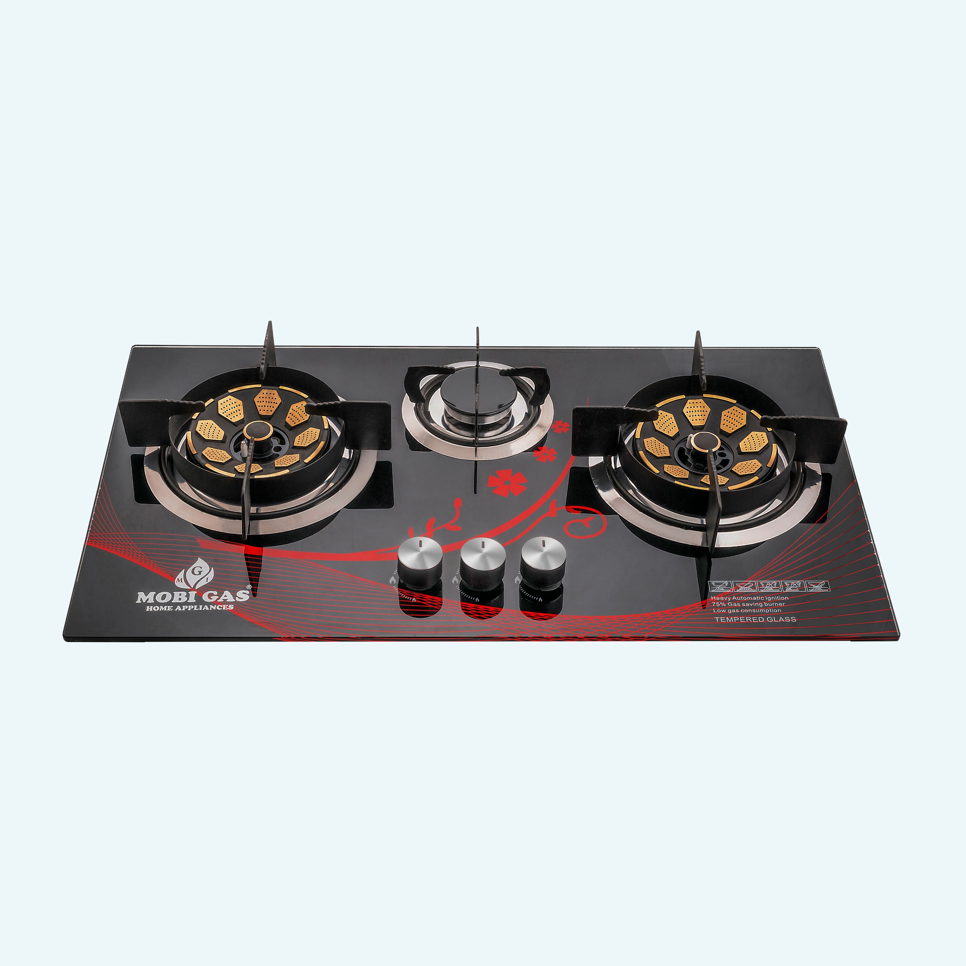 3 Burner Tempered Glass Hob with Brass Burners and Auto Ignition (28x16 size)