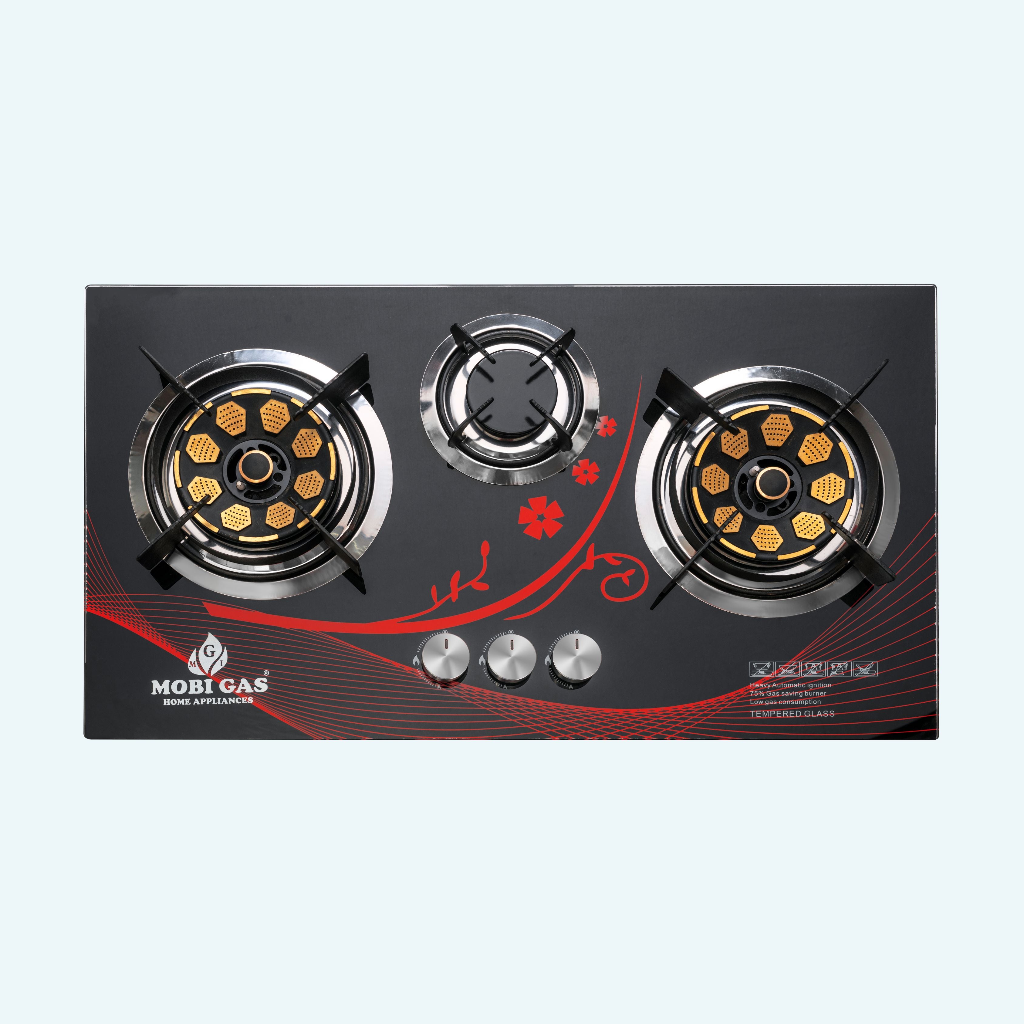 Burner Close-up: Big Brass Burners and Rounded Cover Grills on Easy to clean surface