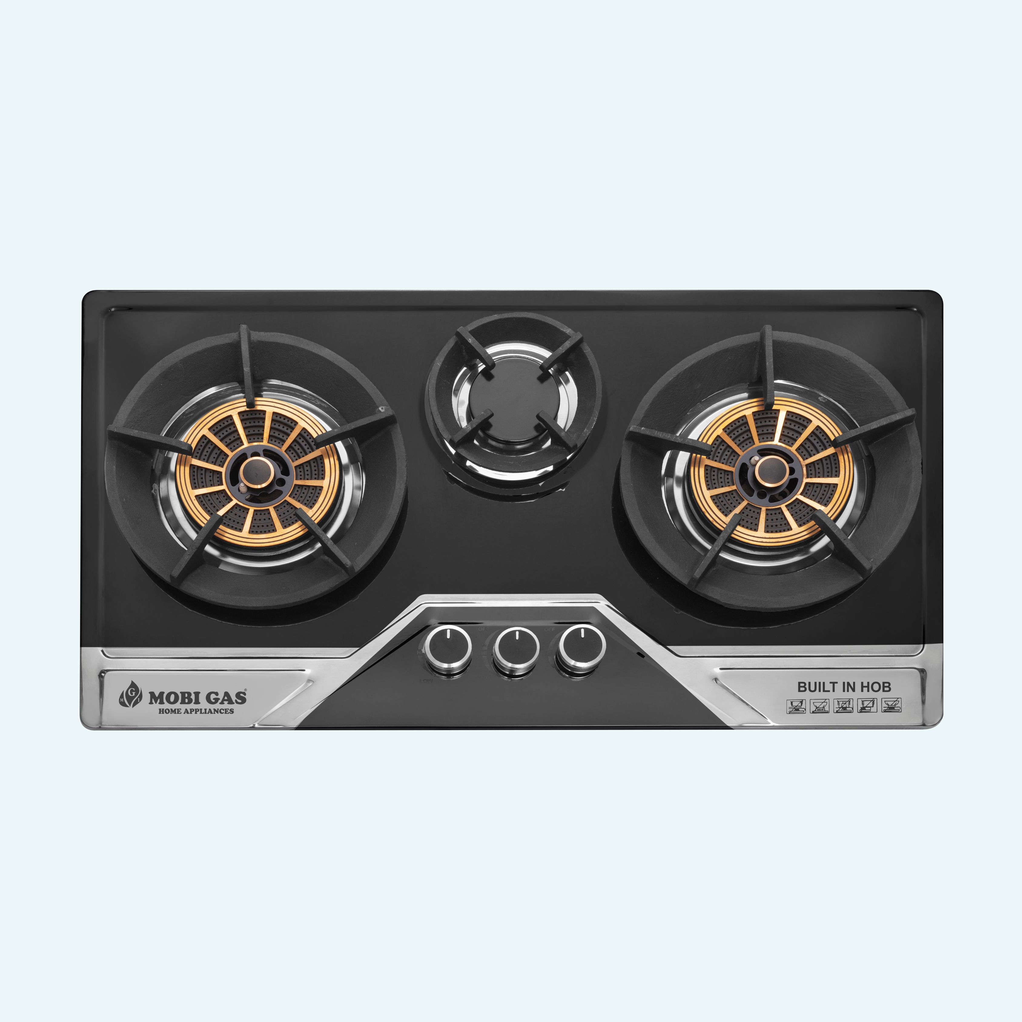 Burner Detail Shot: powerful flame Brass Burners and Heavy Iron Ring Grills