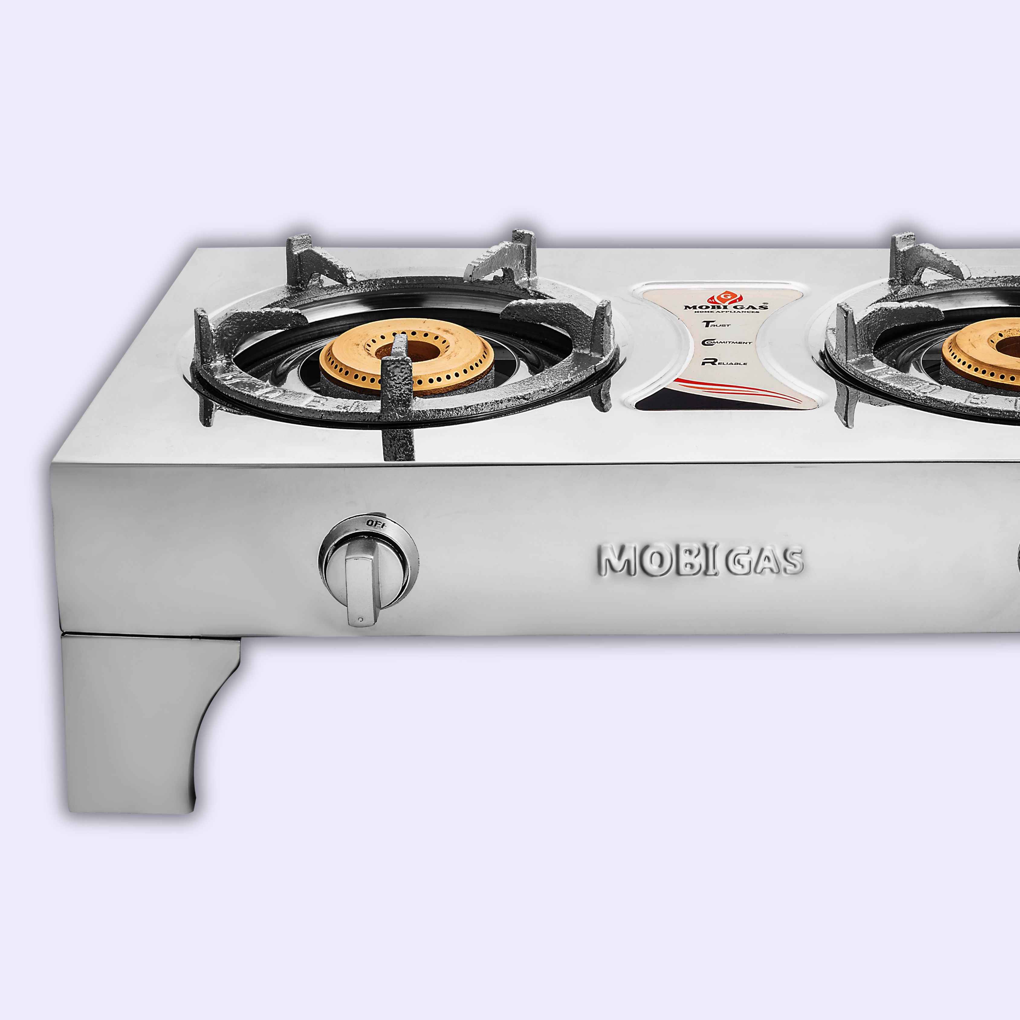 Double burner gas stove with auto ignition and spill-proof trays