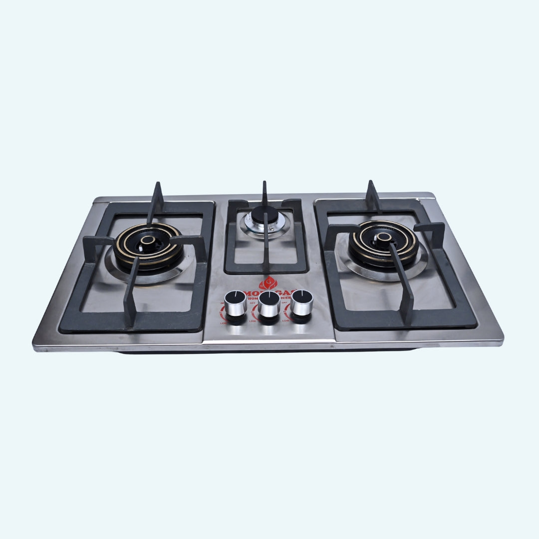 “Mobi Gas Stainless Steel 3-Burner Gas Hob with Heavy Iron Grills, Brass Burners, Pulse Ignitor, NG/LPG Compatible – 30x18 Inch Built-In Stove”
