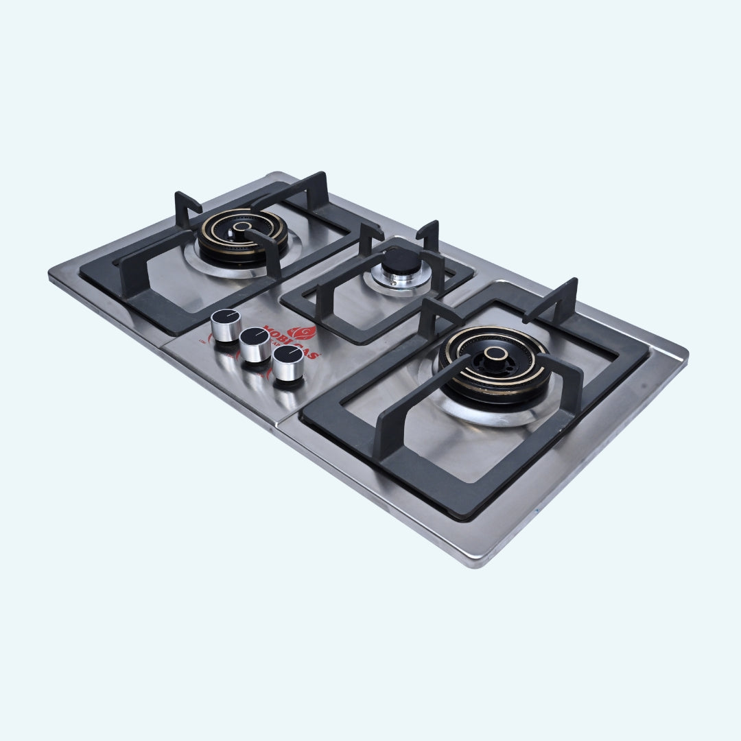 Mobi Gas Stainless Steel 3-Burner Hob – Heavy Iron Grills, Brass Burners, Pulse Ignitor | 30x18 in