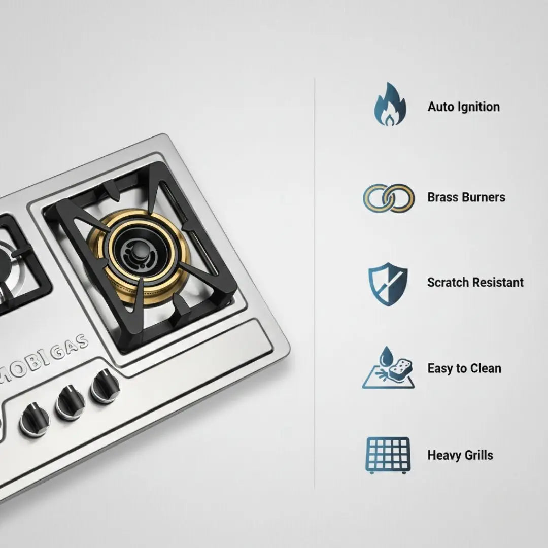 High flame brass burners and rapid fire heavy burner of Mobi Gas MM-291 HOB Stove