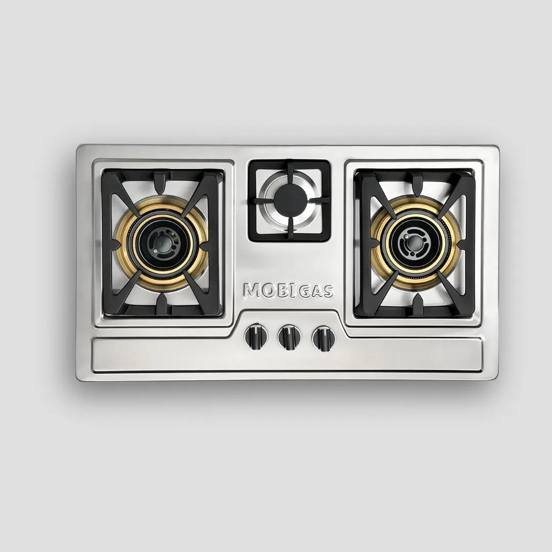 Mobi Gas MM-291 Stainless Steel HOB Stove with 3 burners and diamond-shaped heavy grills