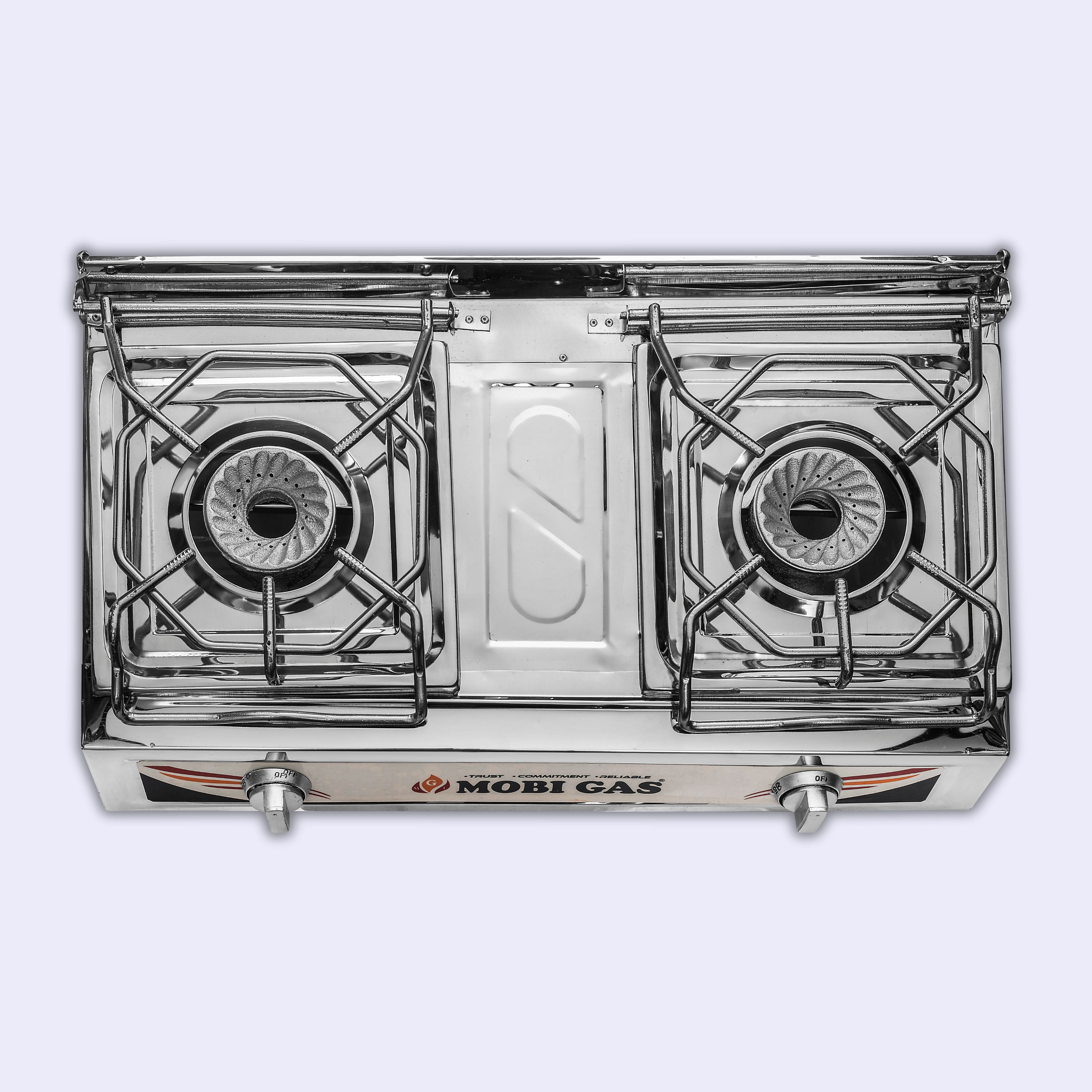 Spill-proof tray and heavy grills on MM-790 double burner stove
