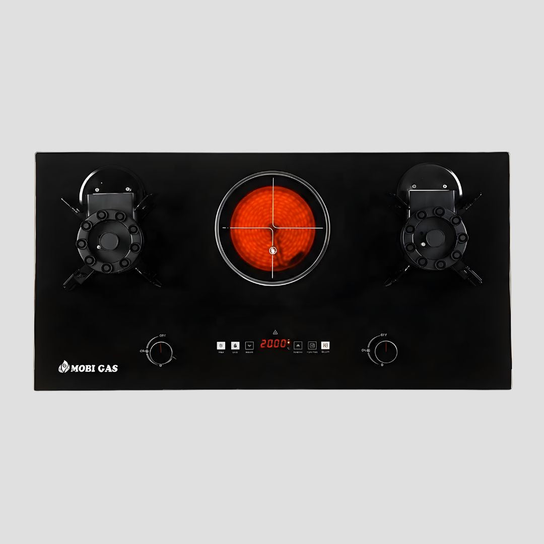 Top view of Mobi Gas Hybrid X-321 tempered glass electric and gas cooktop in Pakistan